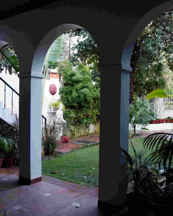Arcadia: shaded arcade looking out to a garden courtyard