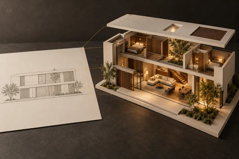 Concept cutaway model of a warmly lit finished home beside an architectural drawing