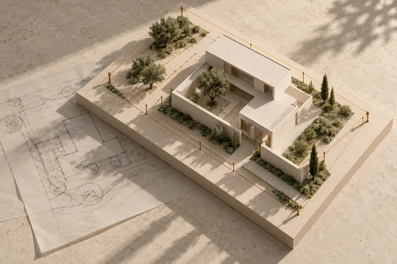 Concept model of a courtyard house with open garden space and fine brass plot boundaries