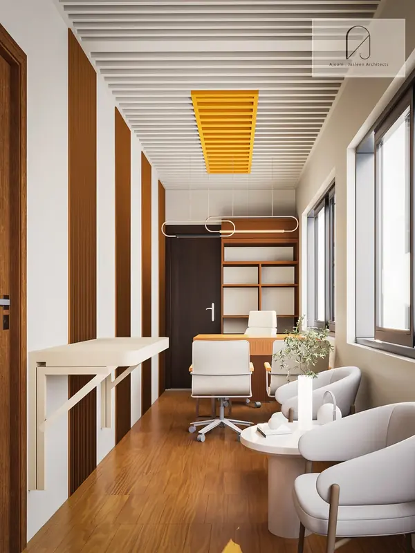 Rama Store, Sector 22, Chandigarh: 3D design visualisation of a narrow office lounge with white seating and a timber floor